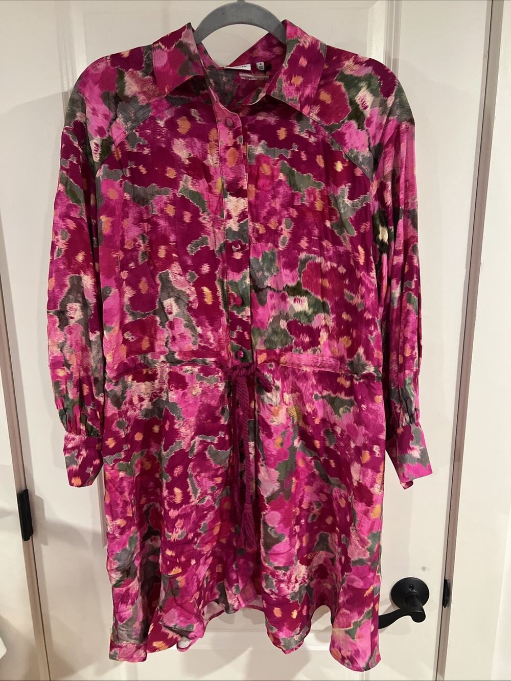Hermoza Size S Rebecca Collared Mini Shirt Dress Scarlet Ikat Pink Floral NWT
